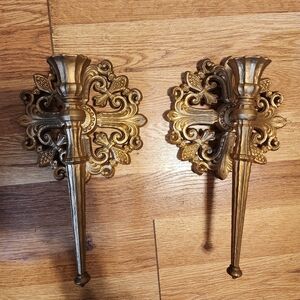 Vintage Syroco Wall Tapered Candle Sconce Pair Gold Ornate Plastic MCM